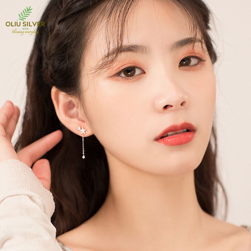 Bông Tai Bạc S925 Tua Rua Trăng Sao Sợi Thả Bất Đối Xứng Xinh Xắn | Khuyên Tai Nữ Trang Sức Bạc Thời Trang