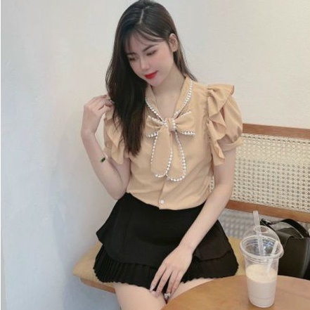 Áo Kiểu Ngắn Tay Chất Voan Lụa Cổ Thắt Nơ Phối Bèo Cánh Tiên A302