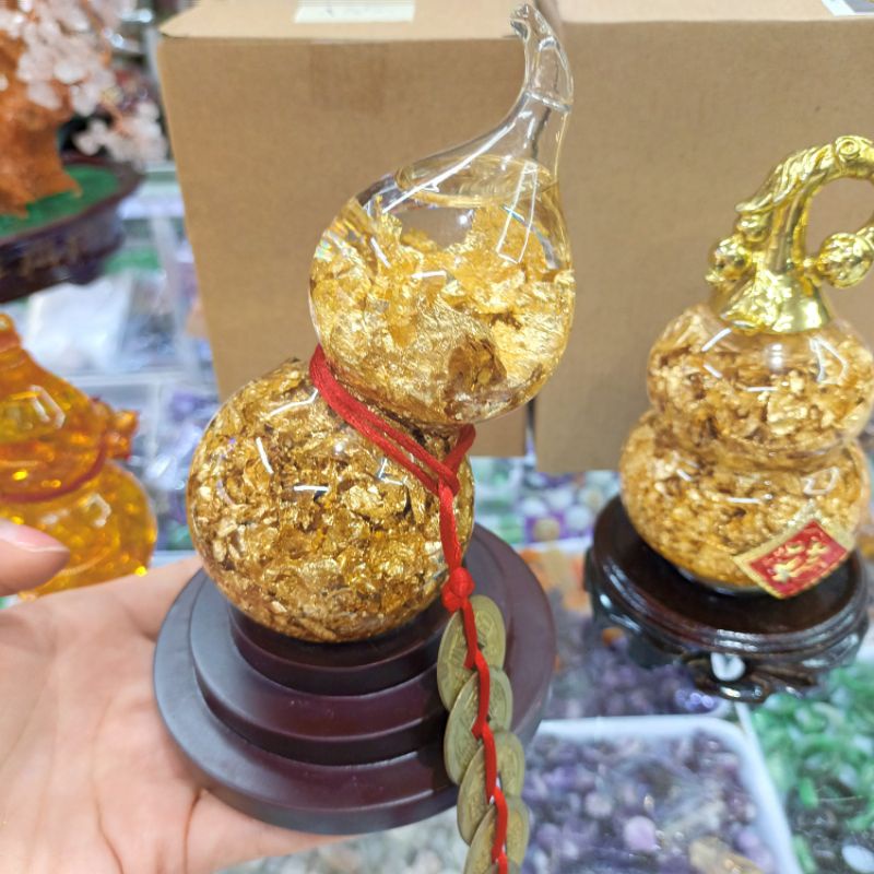 Bầu hồ lô đá  pha lê lưu ly nước ngải dát lá vàng cầu sưc khoe,tài lộc, may mắn