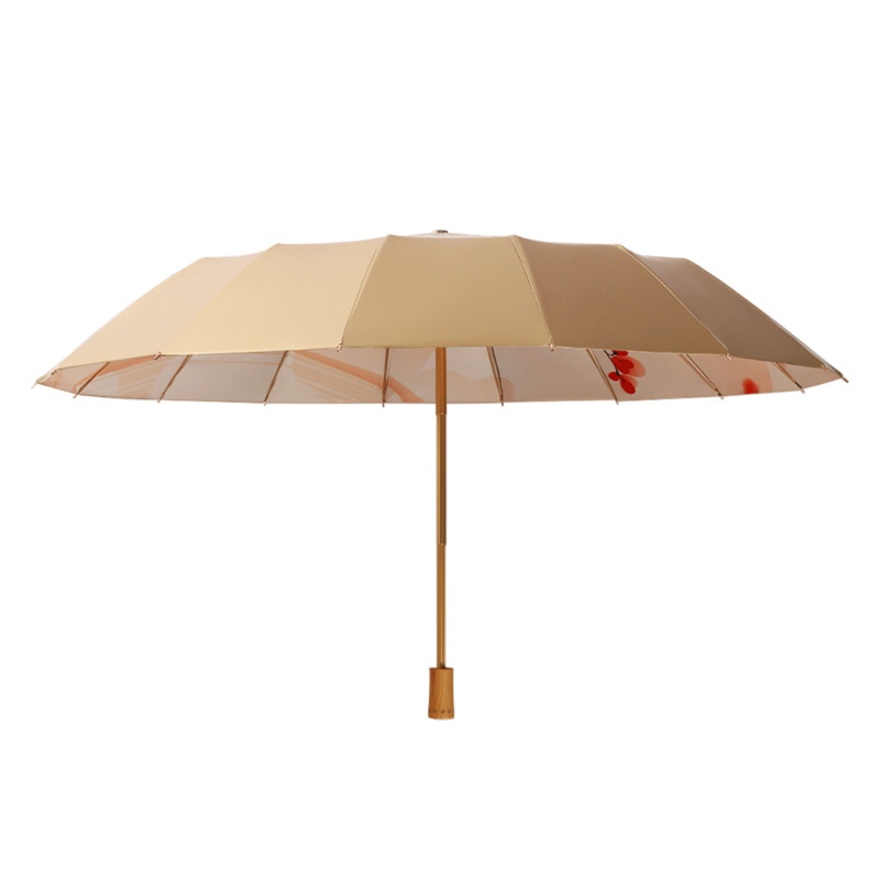 Dù Gấp 16 Xương Chống Mưa Nắng Tay Cầm Gỗ Phong Cách Vintage