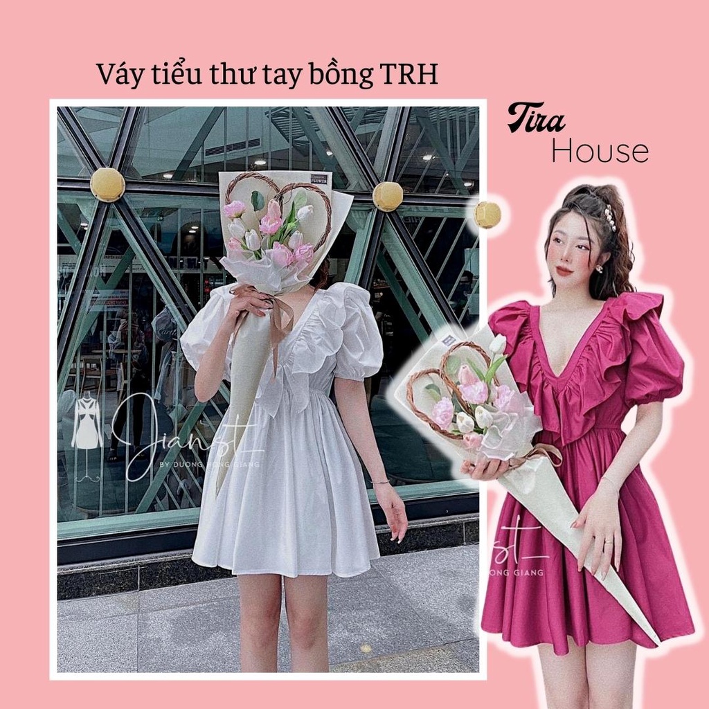 Váy tiểu thư tay bồng thắt nơ sau Tira House váy babydoll cổ V bèo dáng xòe siêu xinh