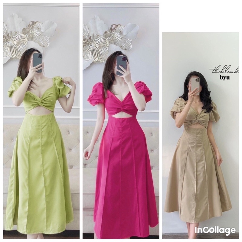 Váy tay bồng xoắn ngực hồng sen