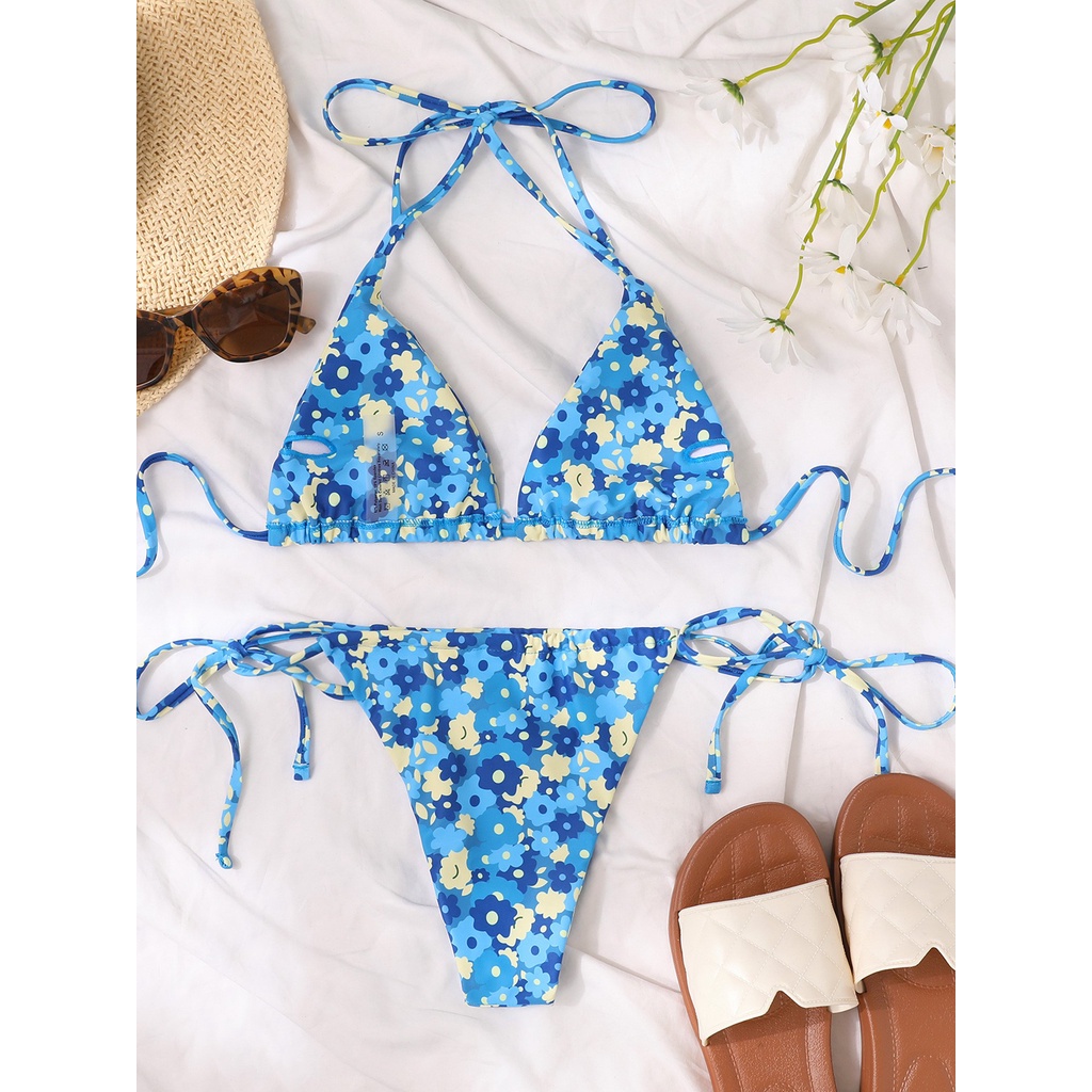 Bộ Bikini Hai Mảnh Họa Tiết Hoa Màu Xanh Dương Có Mút Nâng Ngực Cho Nữ | BigBuy360 - bigbuy360.vn