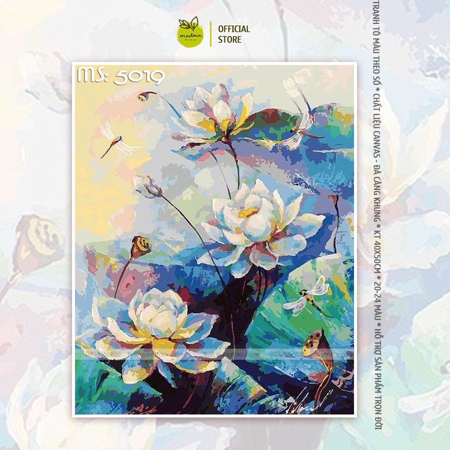 Tranh tô màu số hóa Madoca có khung 40x50cm chuồn chuồn bên hoa sen trắng T5019