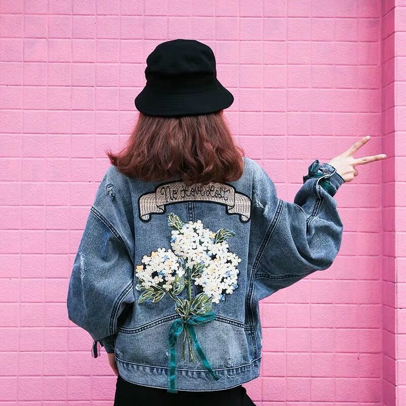 Áo Khoác Denim Dáng Rộng Ngắn Thêu Họa Tiết Thời Trang Hàn Quốc Mới