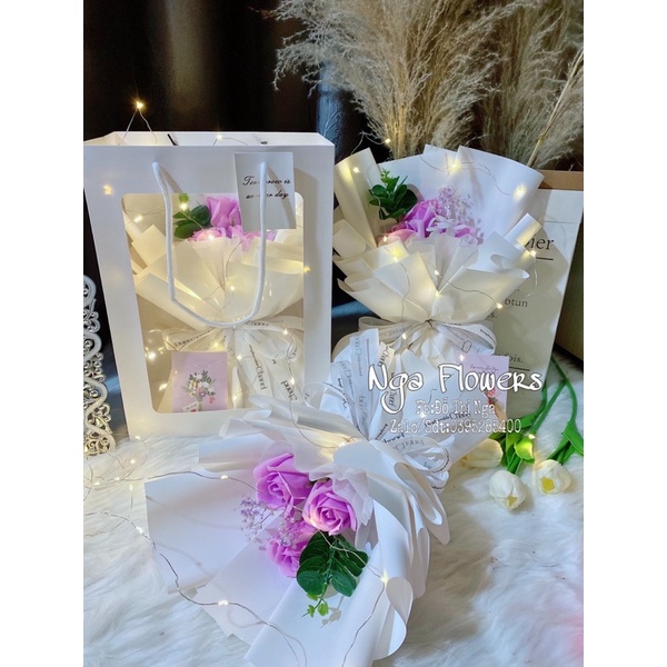 Bó Hoa Sáp 3 Bông Kèm Túi Đèn Led (Combo như ảnh)