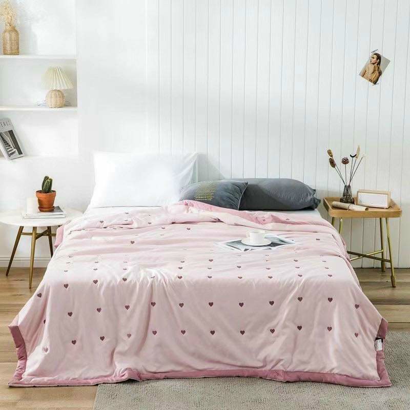 Chăn hè cotton lụa thêu tim cao cấp mềm mịn, 2mx2m2