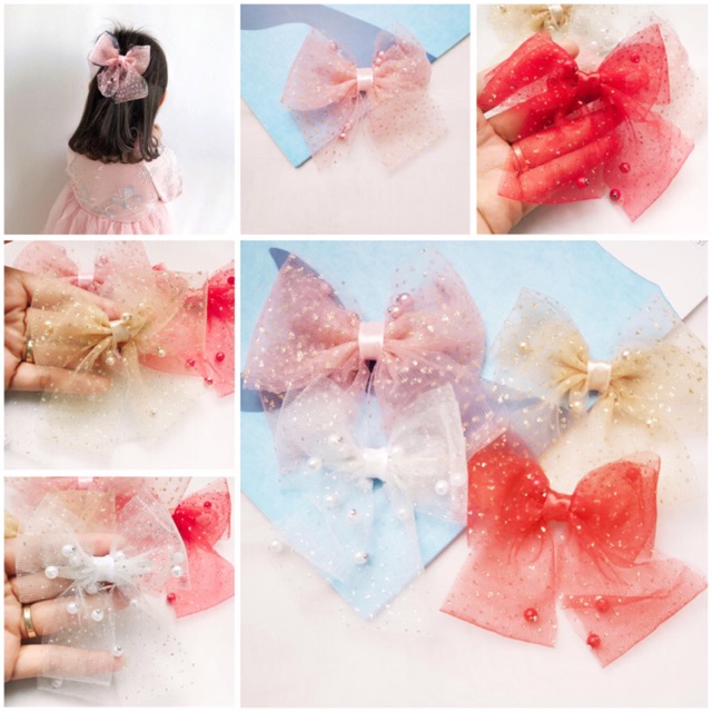 B167 Kẹp tóc nơ hạt châu duyên dáng