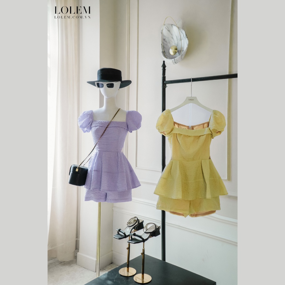 Set áo peplum tay phồng cut-out eo và quần short xốp nhún nữ tính trẻ trung LOLEM CLOTHING SQ043