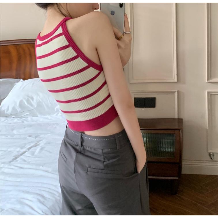 Áo croptop sát nách cổ tròn dáng ôm chất liệu dệt kim hai màu hồng đen  - TOLYSHOP