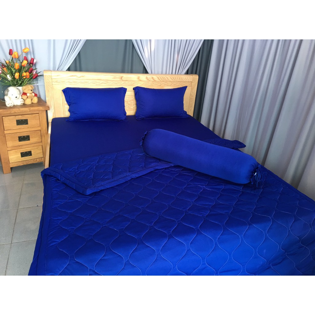 bộ ra drap thun HÀN QUỐC cao cấp 4 món màu xanh coban