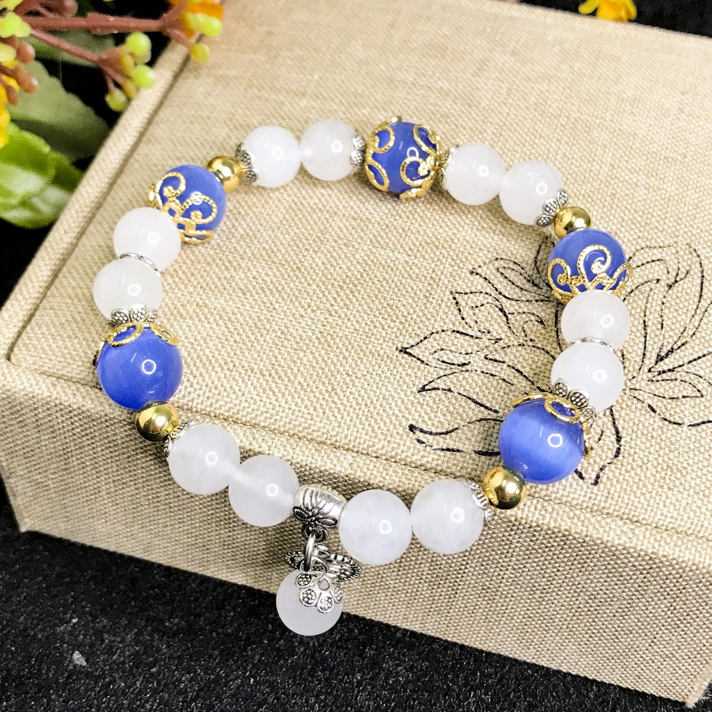 Vòng Tay Nữ Mệnh Thủy ( Kim ) - Vòng Tay Nữ Mã Não Trắng 8mm Hoa Văn Đẹp Mix Lá V360-8