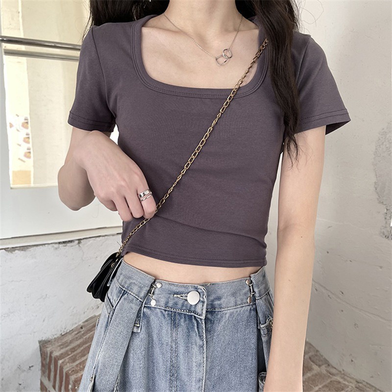 Áo Thun Ngắn Tay Cổ Vuông Lưng Cao Dáng Ôm Thời Trang Cho Áo phông Nữ NZ-TX-327