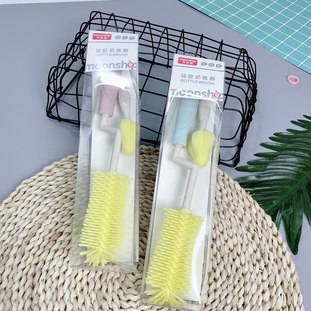 Bộ cọ rửa bình Silicone Moonship - Bottle brush cao cấp 2 chi tiết cho bé, tay cầm xoay 360 độ