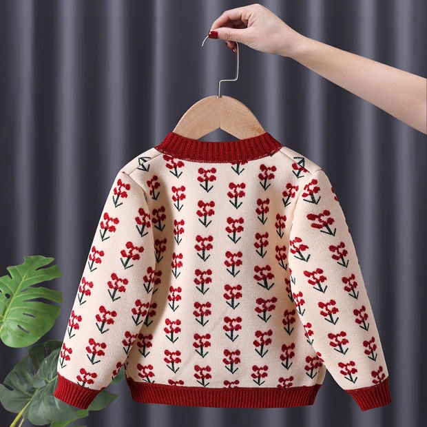 Áo khoác len cardigan cho bé gái KIDPLANET áo len cherry trẻ em  dệt kim mềm mại từ 5, 6, 7, 8, 9, 10 tuổi N00533