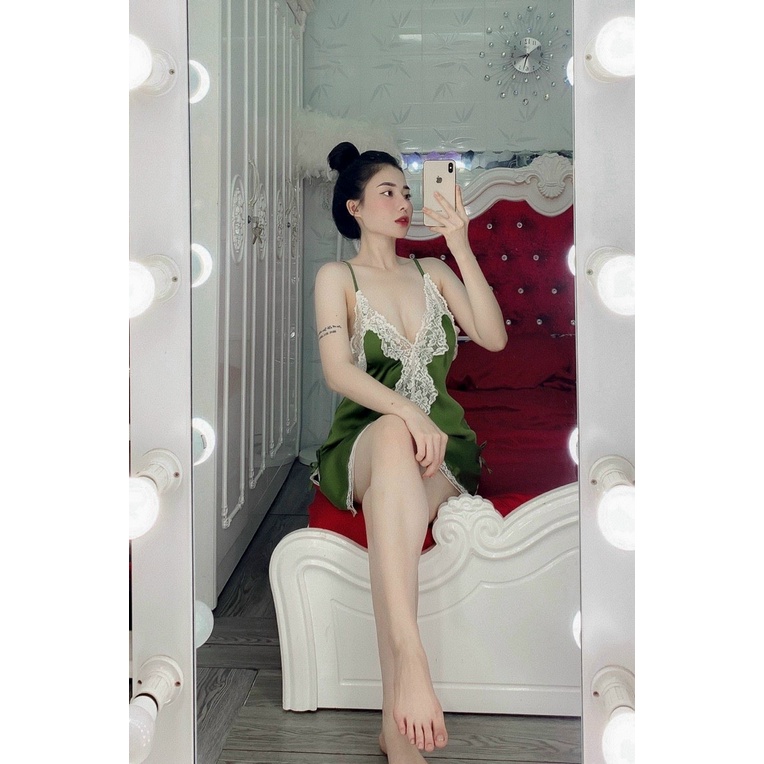 Đầm ngủ 2 dây xẻ tà, lụa satin cao cấp phối ren quyến rũ kèm quần đùi gợi cảm, freesize dưới 65kg - SHOP HUYỀN TRANG