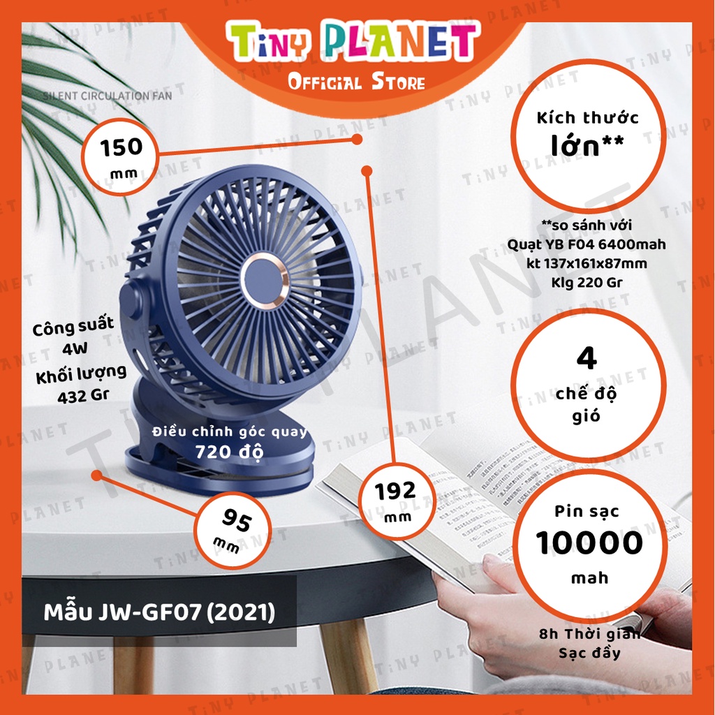 Quạt mini JW-GF07 JW-GF08 cỡ lớn pin 4000mah và 10000mah kẹp bàn, xe đẩy, sử dụng văn phòng, du lịch