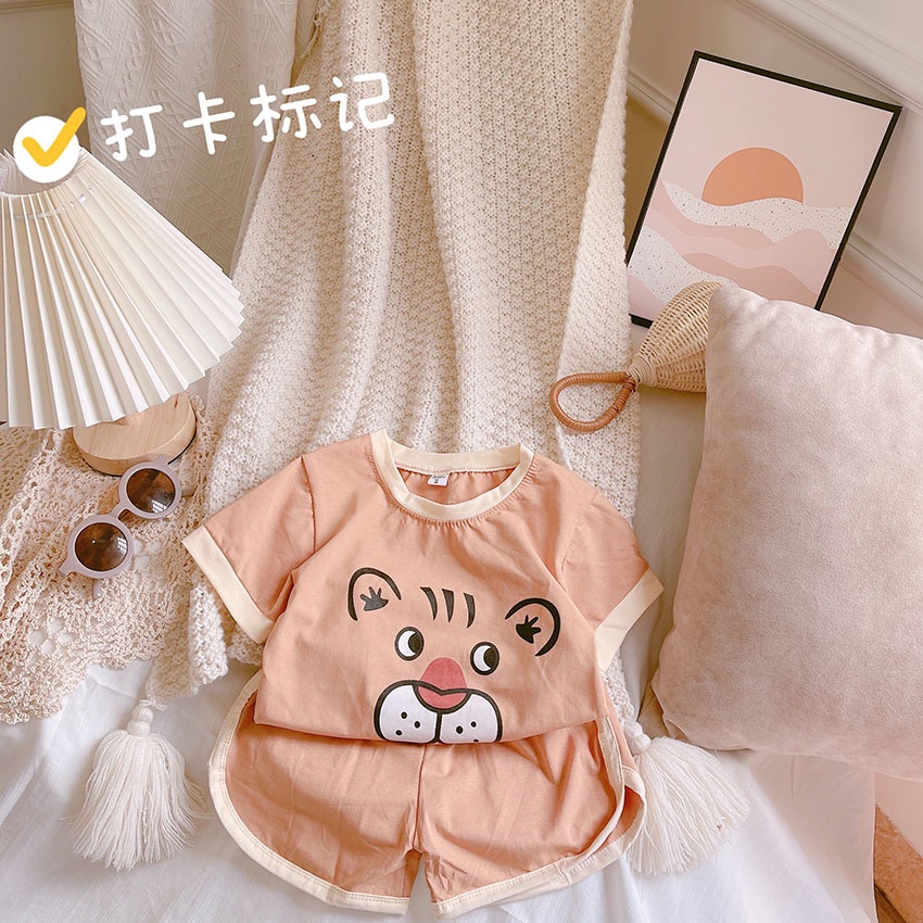 Bộ Quần Áo Trẻ Em Cộc Tay In Hình Mặt TigEr Yêu Vải Cotton Cho Bé Từ 7-19kg Mã CT56