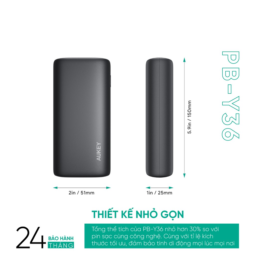 Pin sạc dự phòng Aukey PB-Y36 10.000 mAh Lõi Pin Tesla, PD 18W và QC 3.0 18W, Tích Hợp Đèn Báo Sạc Nhanh - Chính Hãng