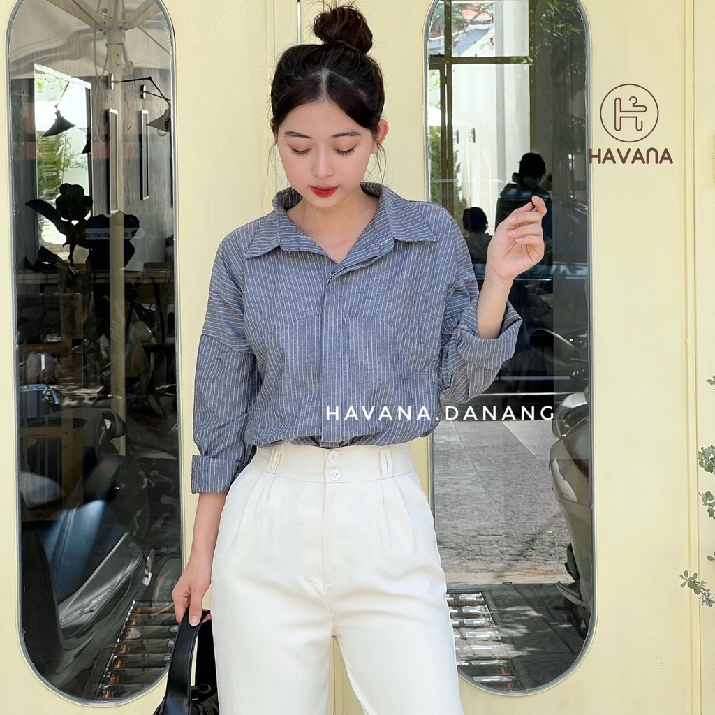 Áo sơ mi kẻ sọc nút sườn, sơ mi dài tay form rộng Hàn Quốc AE259