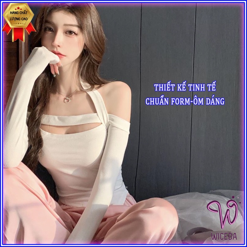 Áo croptop dài tay trễ vai gấu lệch xinh , ao thun nữ kiêu đẹp chất len tăm 100% cotton 2 màu đen trắng Wiceda 451