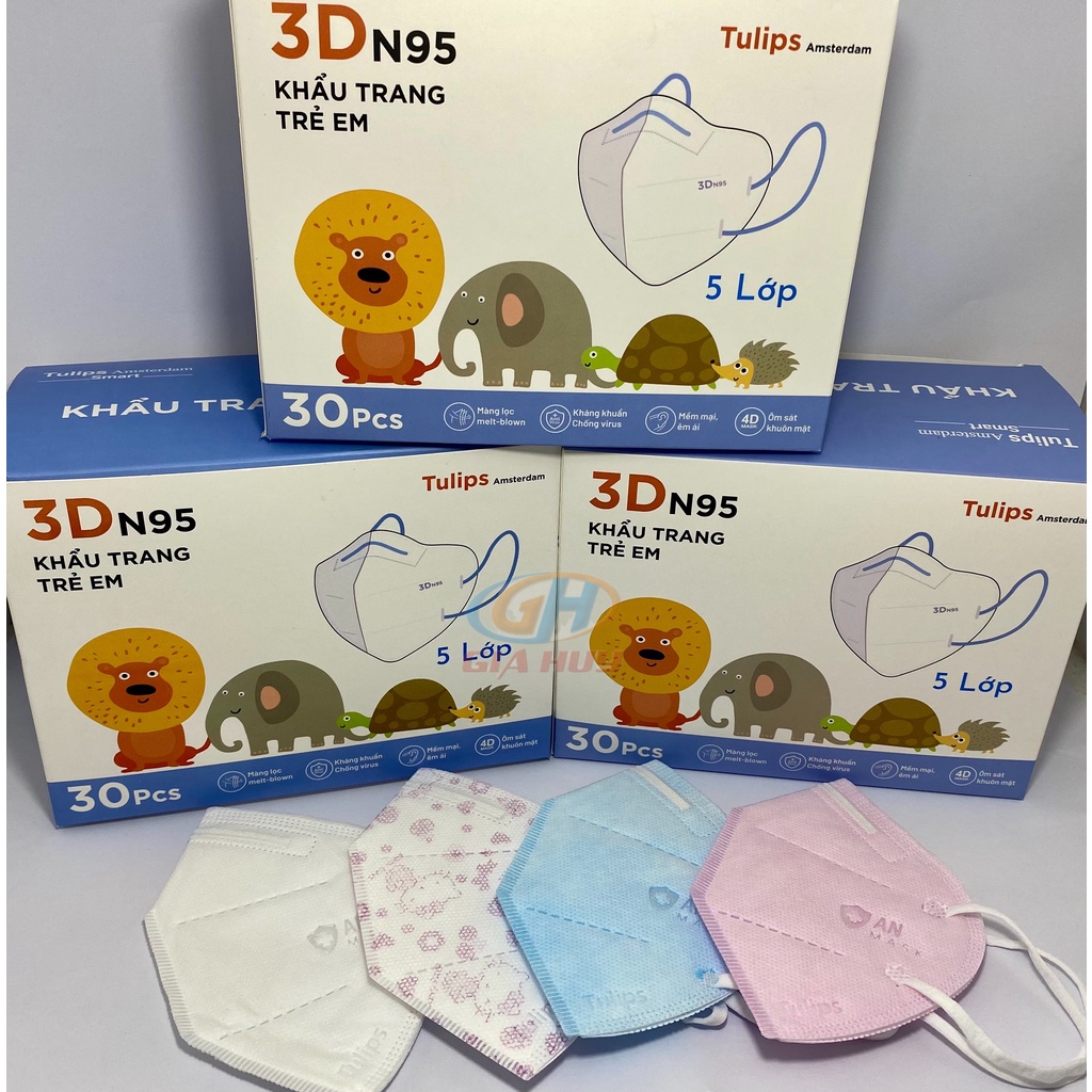 Hộp 30 Chiếc Khẩu trang Trẻ em N95 Tuylips chống bụi mịn và tránh lây bệnh hô hấp cho bé 5-12 tuổi