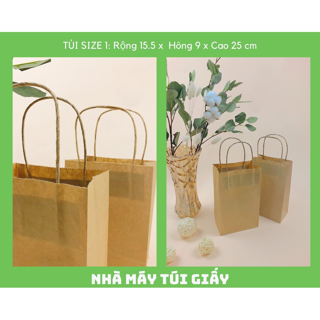 100 Chiếc TÚI GIẤY Kraft Nhật Size 1: 15,5x10x25 cm túi giấy CÓ QUAI đựng hàng 1- 1,5 kG