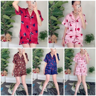 Bộ đồ nữ quần đùi viền bèo họa tiết trái tim đáng yêu