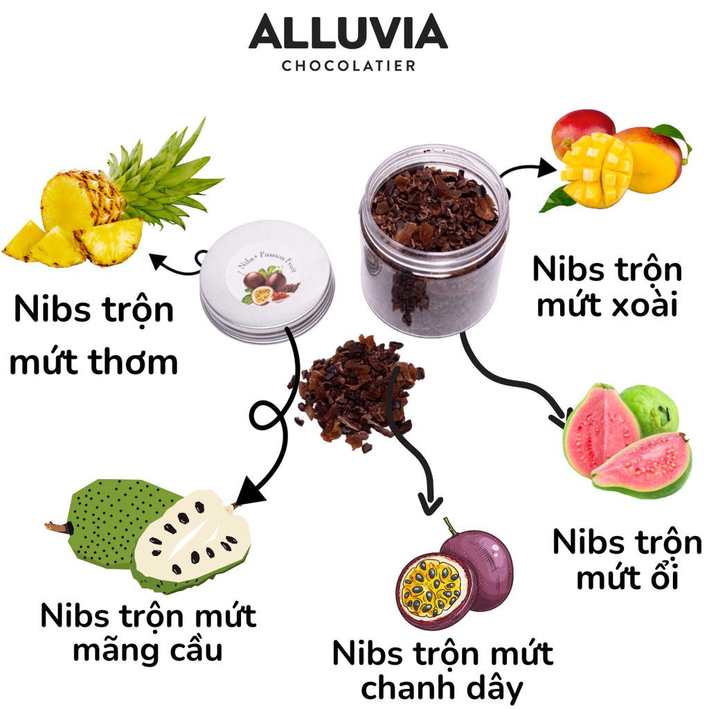 Hạt ca cao rang trộn trái cây sấy nguyên chất không đường Alluvia Chocolate hủ 100 gram