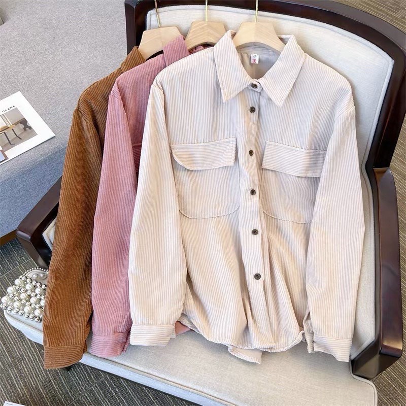 Áo sơ mi nữ, áo khoác sơ mi dài tay chất nhung tăm oversize form rộng có túi ngực nhiều màu mặc đi học chơi làm đẹp