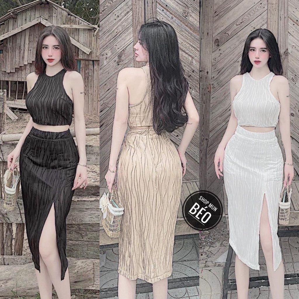 Set Áo Sát Nách Kèm Chân Váy Có Quần Trong Chất Thun Xốp Nhăn Thích Hợp Mặc Đi Tiệc Đi Làm Đi Chơi