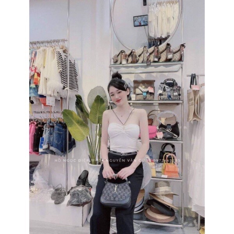 Có mút ngực Áo Yếm Croptop Dây Phối Xích Cúp Bo Tròn Mút Ngực A1991