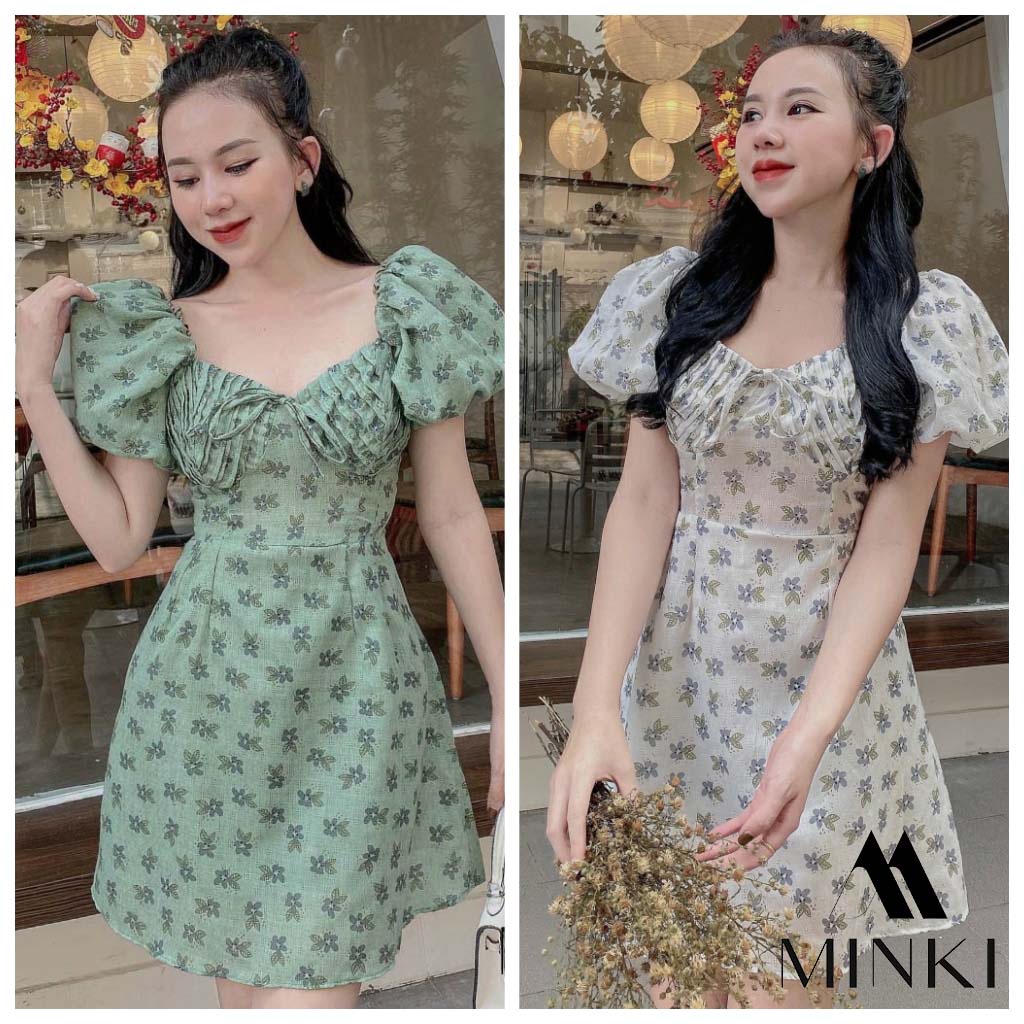 ĐẦM XẾP LY NGỰC TAY BỒNG - CHẤT LIỆU CAO CẤP - MÀU XANH / TRẮNG