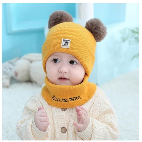 ❤️ Mũ len đẹp ❤️ Nón mũ len 2 quả bông kèm khăn chất mềm mại ấm áp cho bé trai bé gái