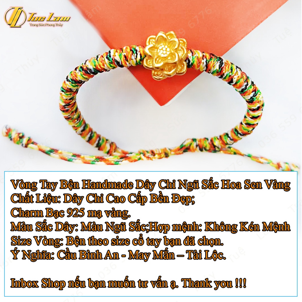 Vòng tay chỉ ngũ sắc tây tạng may mắn bện handmade charm hoa sen bạc mạ màu vàng bình an - Tuệ Lâm