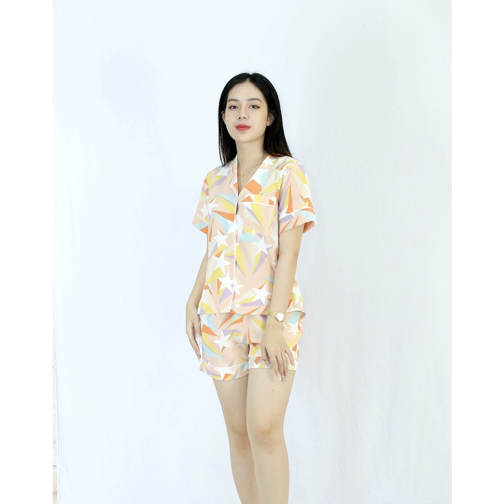 Bộ đồ bộ Pijama nữ ngắn D45 HỒNG NHẠT HÌNH NGÔI SAO - Lụa 108 - Cực Kì Sang Chảnh