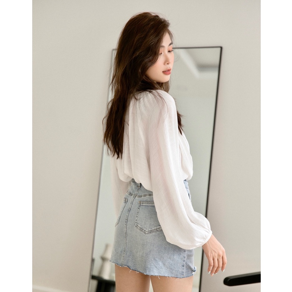 Áo sơmi cổ trụ tay raglan vải tơ mềm rũ MIEU - HM29