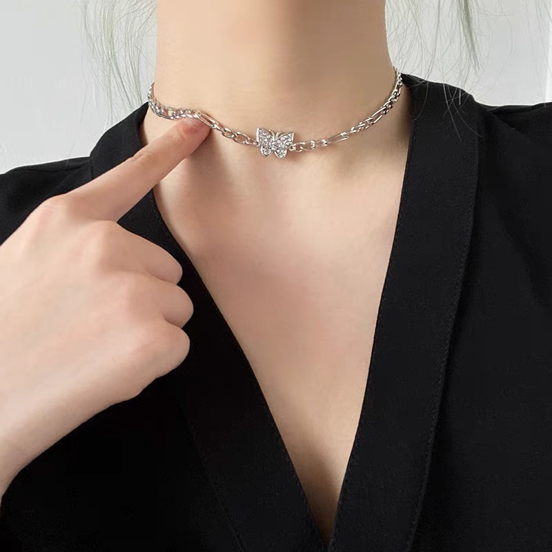 【JIHE】Vòng cổ Choker Mặt Hình Bướm Đính Đá Đơn Giản Thời Trang