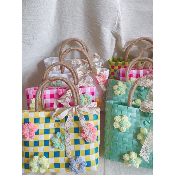 Giỏ xách đính hoa xinh xắn túi đan Handmade