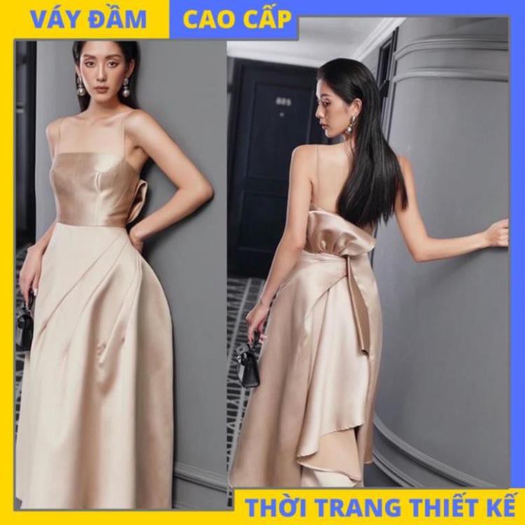 Đầm sang trọng đầm dự tiệc hai dây hở lưng nơ nhún Taffeta cao cấp dạ hội đi chơi (CÓ ĐỆM NGỰC) [HÀNG THIẾT KẾ CAO CẤP]