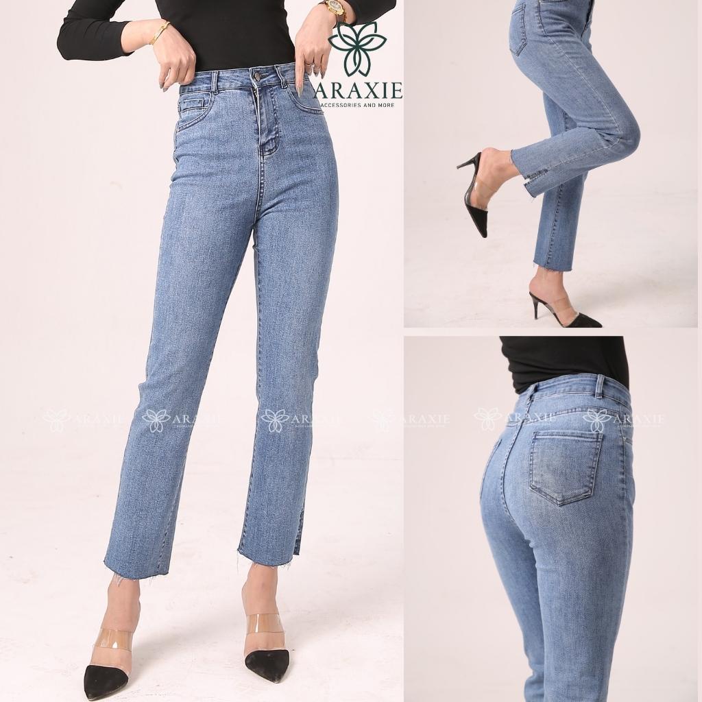 Quần bò nữ ống đứng Araxie quần jeans ống đứng nữ màu xanh xẻ gấu co giãn 4 chiều JAOD05