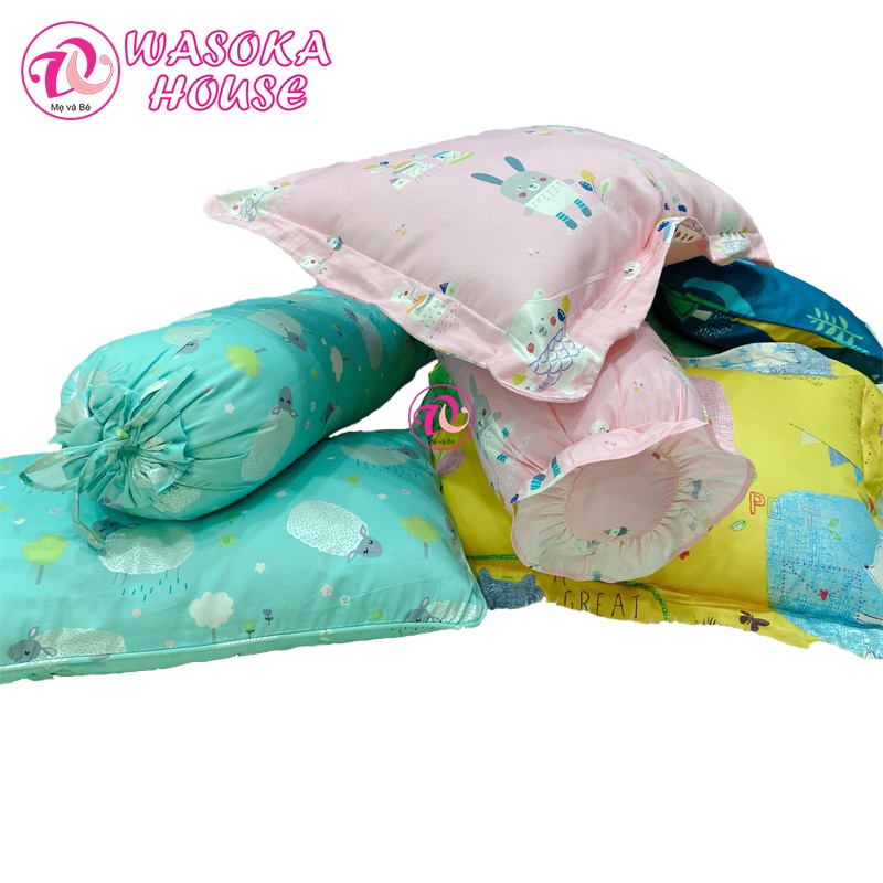 Bộ gối nằm gối ôm trẻ em gòn lông vũ, vải Cotton Satin Hàn Quốc đẹp, êm mềm mát, giúp bé ngủ sâu ngủ ngon