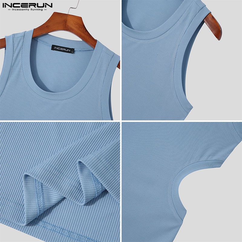 Áo kiểu INCERUN sát nách cổ tròn thiết kế khoét lỗ 3 màu sắc tùy chọn thời trang mùa hè dành cho nam