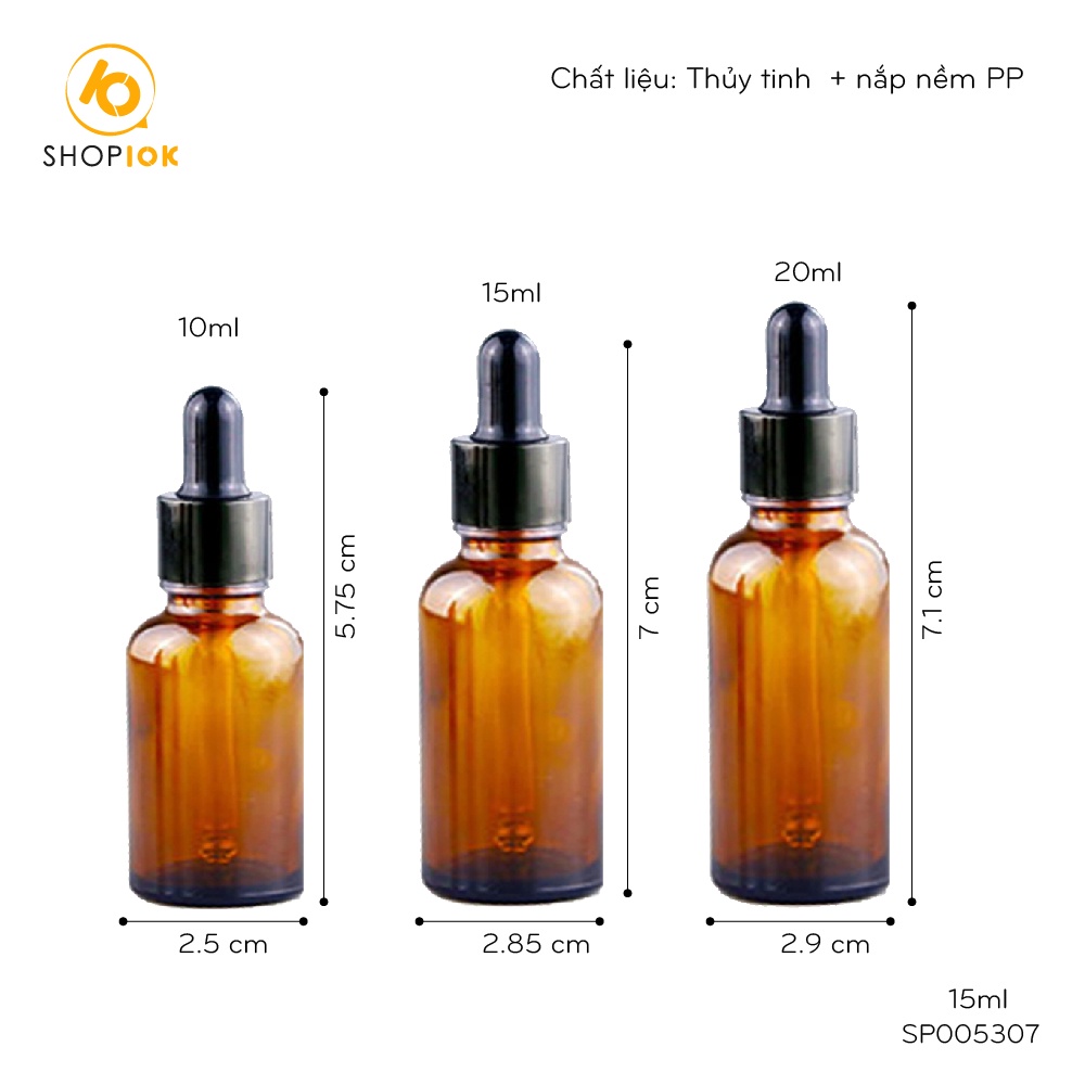 Lọ chai thủy tinh chiết tinh chất, serum, mỹ phẩm, tinh dầu, đầu bóp nhỏ giọt loại 5ml,10ml,15ml