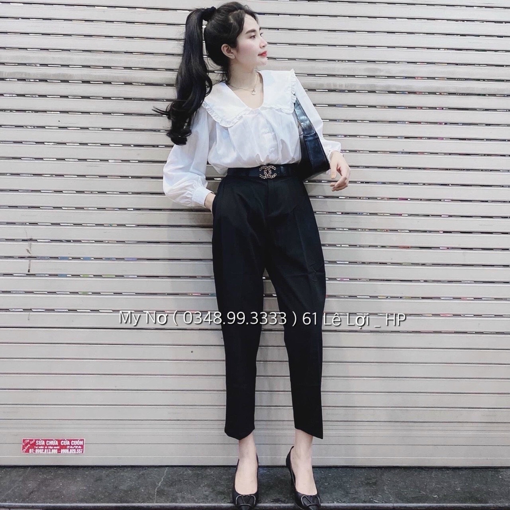 Áo Babydoll Dáng Xòe Xếp Ly 3 Hàng Dọc Ngực Cổ Bèo Sen To Dài Tay Cài Cúc Vải Thô Lụa - A.145 | BigBuy360 - bigbuy360.vn