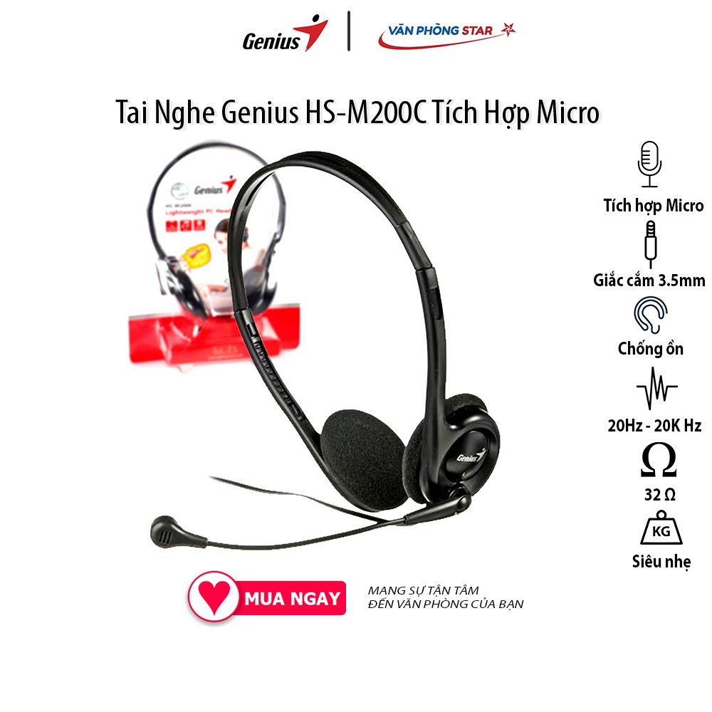 Tai Nghe Genius HS-M200C tích hợp micro chống ồn, âm thanh tốt đầu cắm 3.5mm dùng cho laptop, PC, điện thoại