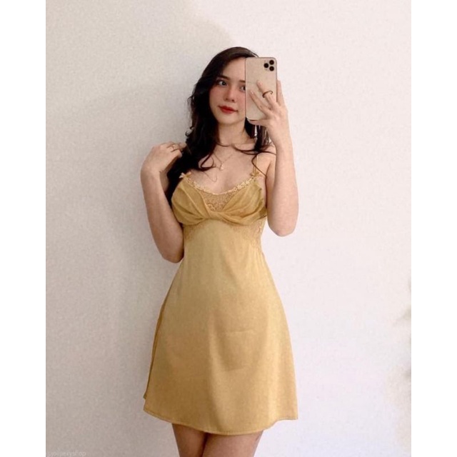 VN20 váy ngủ đầm ngủ lụa ren xoắn ngực