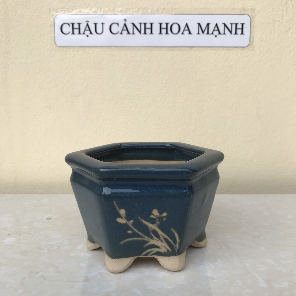 Chậu Lục giác bonsai sen đá mini khắc men Xanh ngọc gốm Bát tràng 1 size SP415