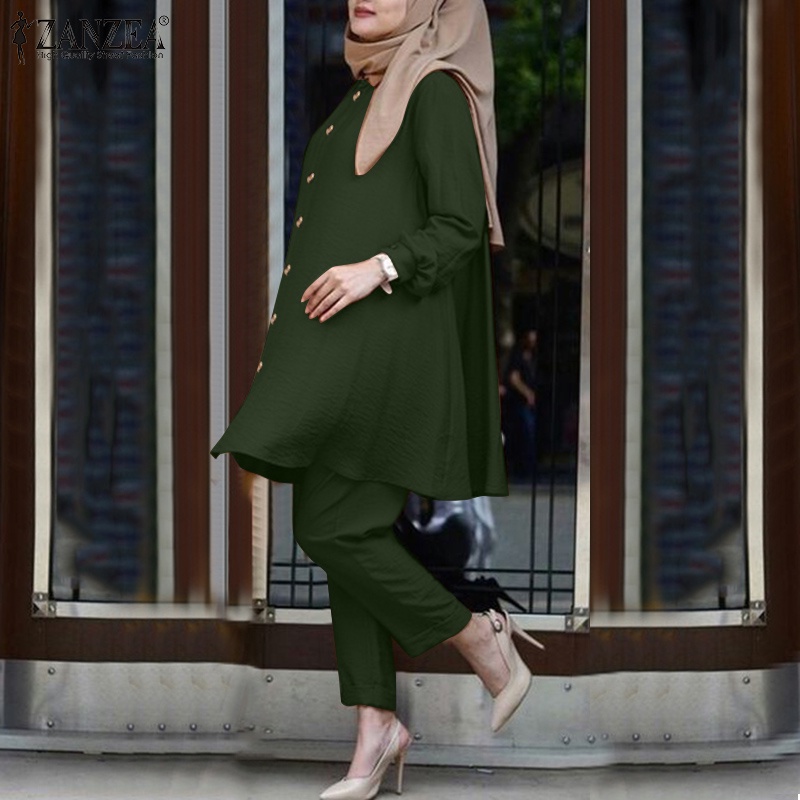 Zanzea Set Quần Dài Và Áo Tay Dài Màu Trơn Thời Trang Cho Phụ Nữ Hồi Giáo