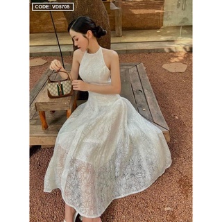 Đầm maxi cổ yếm hoa nổ hở lưng
